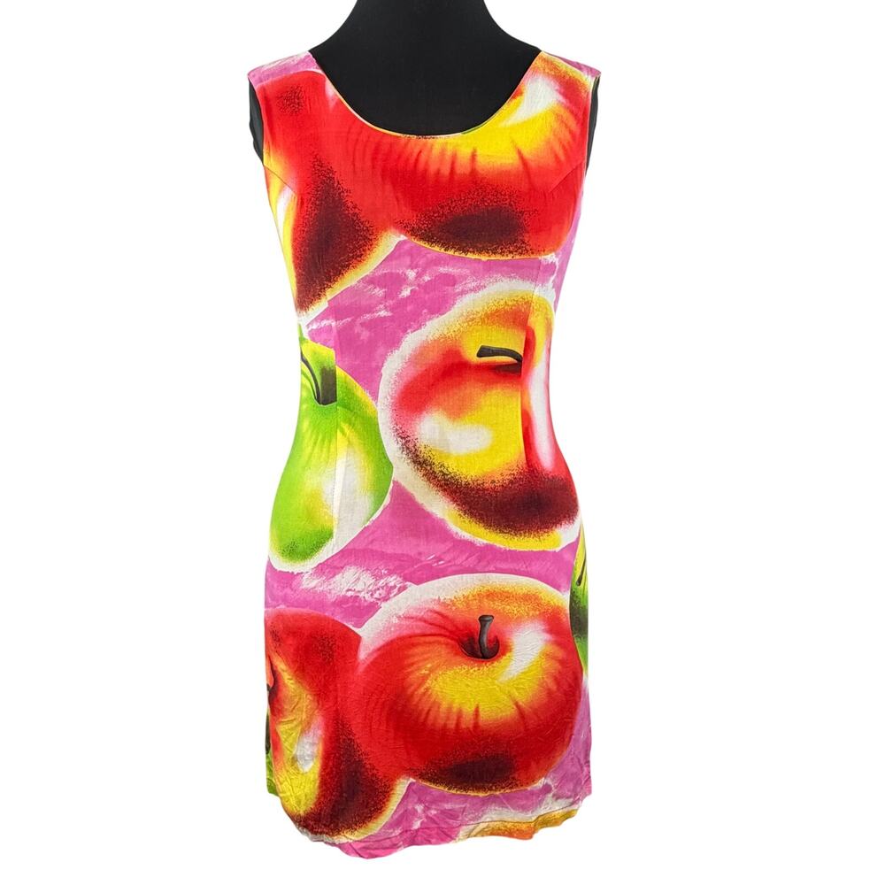 VTG 90s Jams World Mini Dress Bright Pink Apple Fruit Sleeveless Casual Size 5